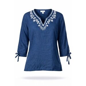 JM Collection Petite Blue Linen Blend Embroidered V-Neck Tunic Top 6P NEW